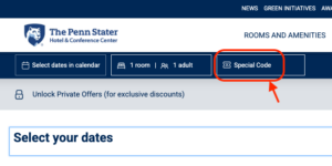 A screenshot of the Book Now page on The Penn Stater Hotel reservations site, highlighting the Special Code button.